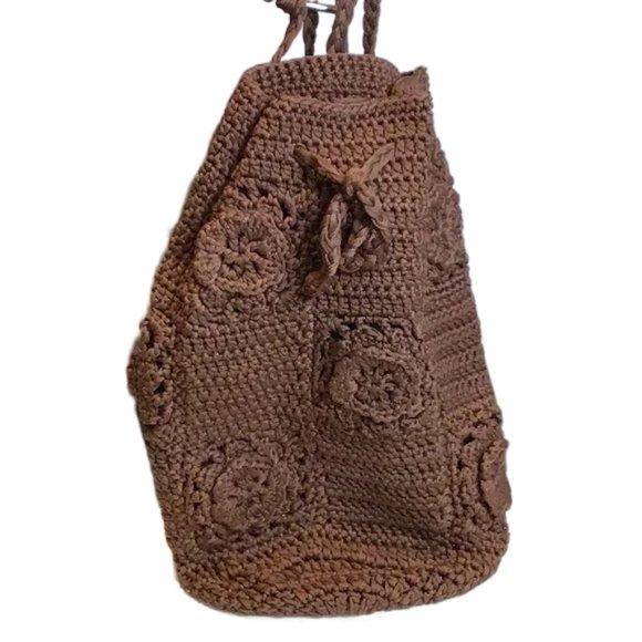 Hand Crocheted Chocolate Brown Backpack Flowers and Braided Straps - Picture 1 of 5